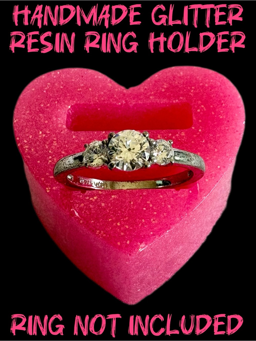 Handmade Pink Glitter Resin Heart Double Ring Holder / Display